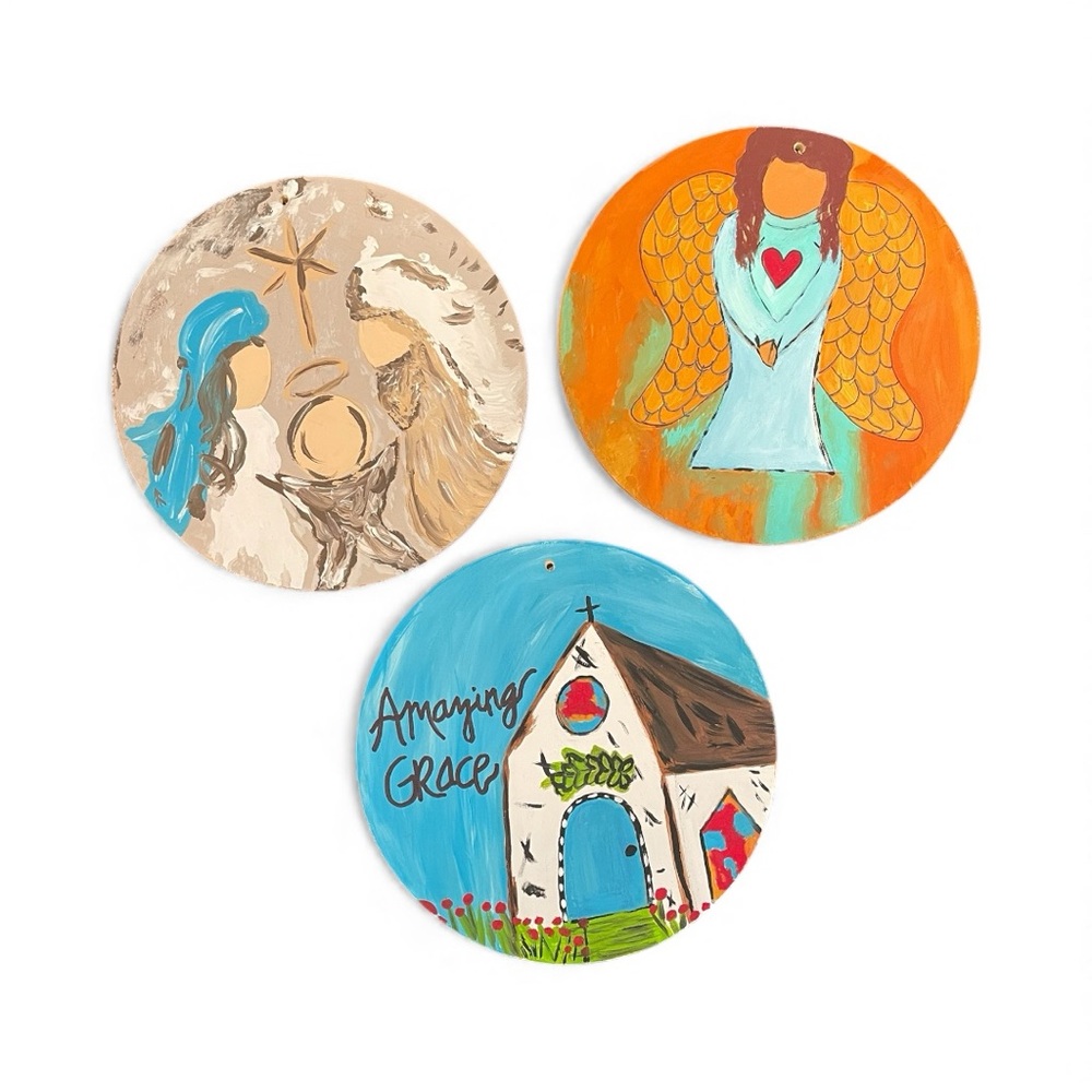 Hand Painted Wooden Christmas Tree Ornaments Lot
